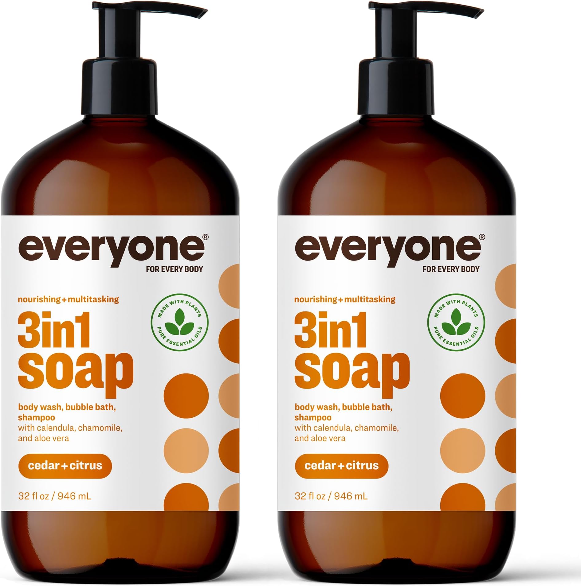 Everyone 3-in-1 Soap, Body Wash, Bubble Bath, Shampoo, 32 Ounce (Pack of 2), Cedar and Citrus, made with Essential Oils for Men and Women