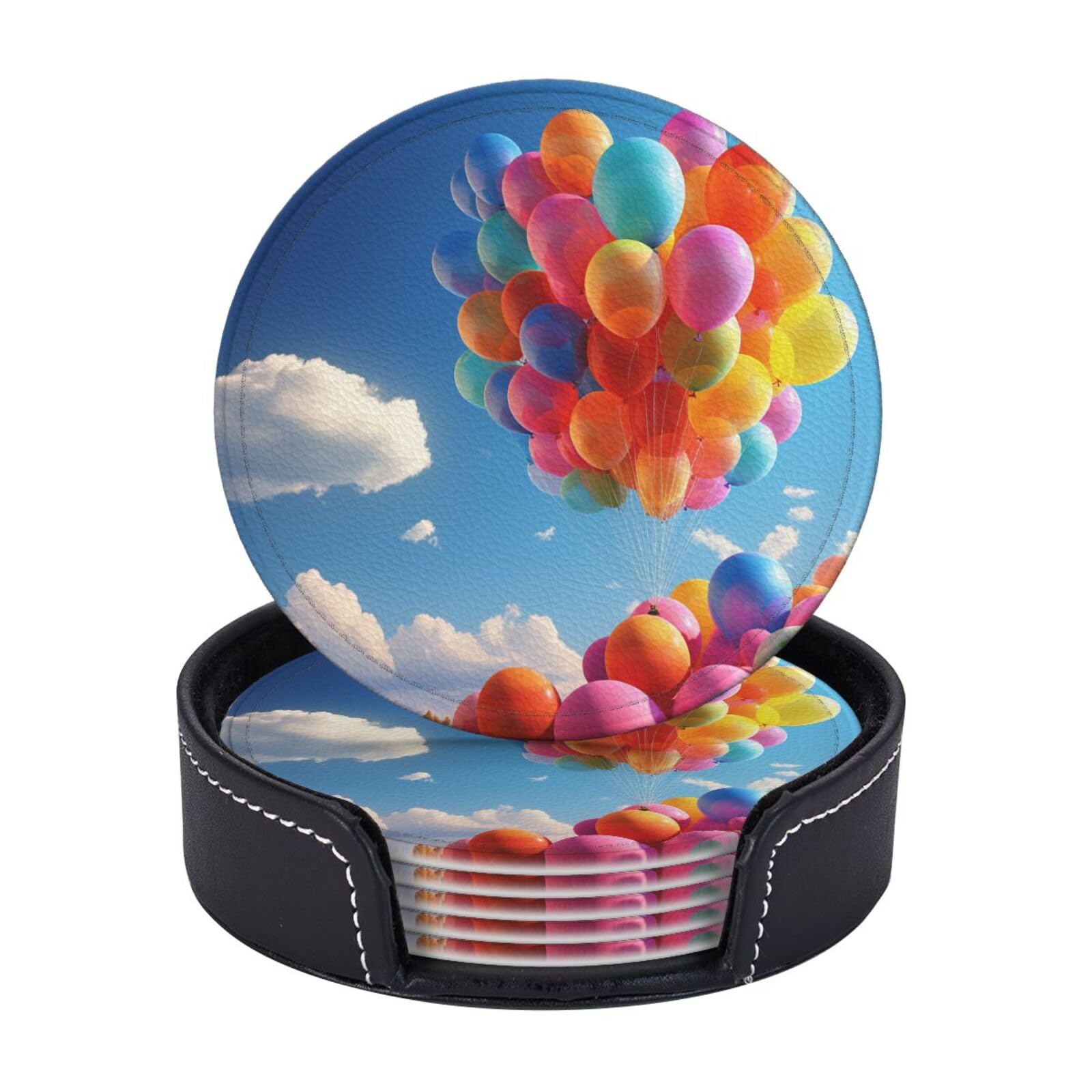 6Pcs PU Leather Coaster for Drinks, Colorful Balloon Cup Coasters with Holder, Aesthetic Drink Coasters for Coffee Table, Round Coaster for Tabletop Protection 4" Cup Mat Pad