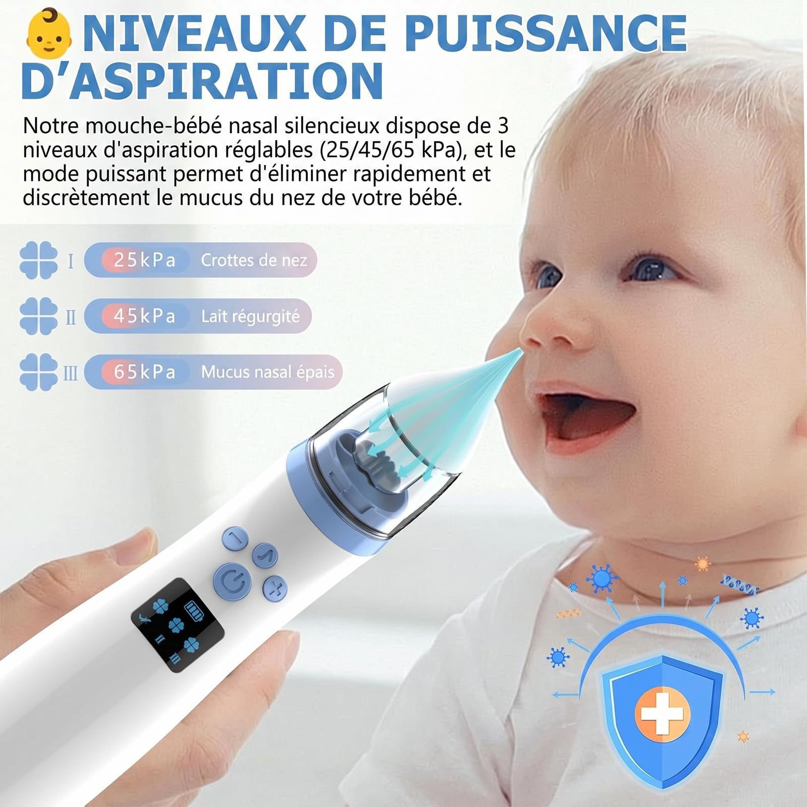 Aspirateur Nasal Électrique Bébé Rechargeable 3 Niveaux d'Aspiration 2 Embouts Musique Lumière Douce