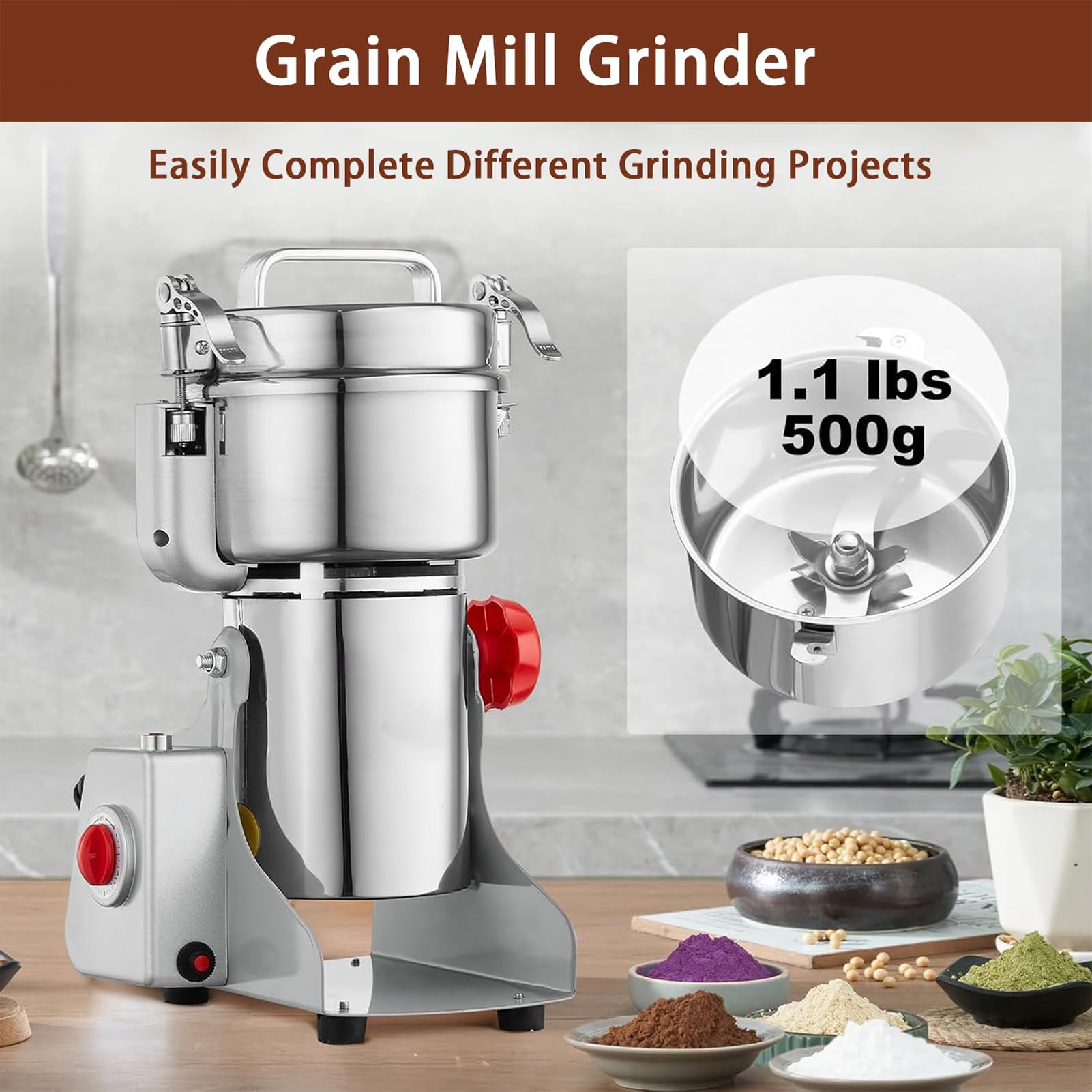 Molino de Granos en Polvo 2400W, Molino Eléctrico 800G con Cuchilla de Acero de 3 Capas & Diseño Oscilante, Pulverizador de Hierbas de Acero Inoxidable 430 para Especias Secas/Hierbas/Nueces/Ca 1500g