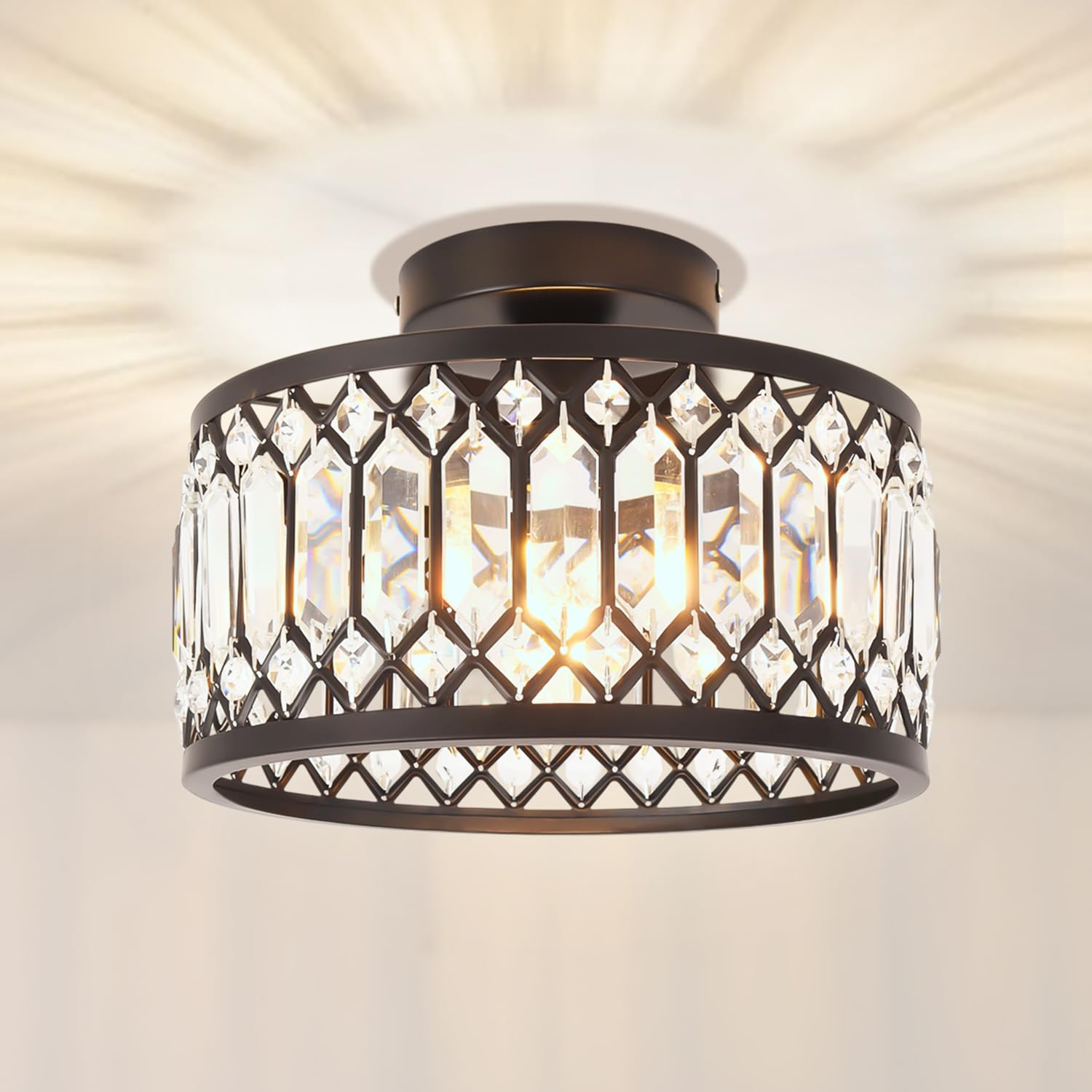 ANWIO Crystal Black Ceiling Light Fixture Modern Semi Flush Mount Ceiling Light Crystal Chandelier for Kitchen Bedroom Bathroom