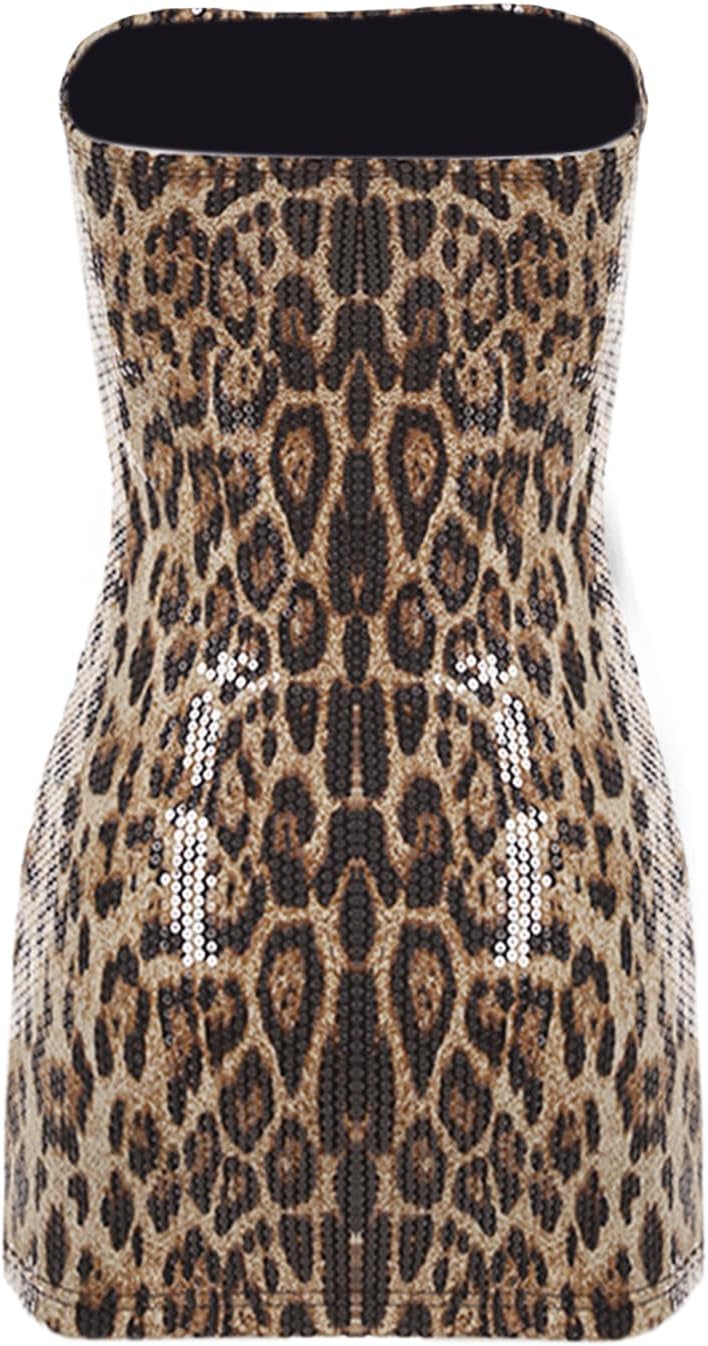 Women's Y2k Leopard Print Tube Mini Dress Sparkle Sequin Sexy Strapless Backless Bodycon Dresses Party Rave Outfits - Image 8