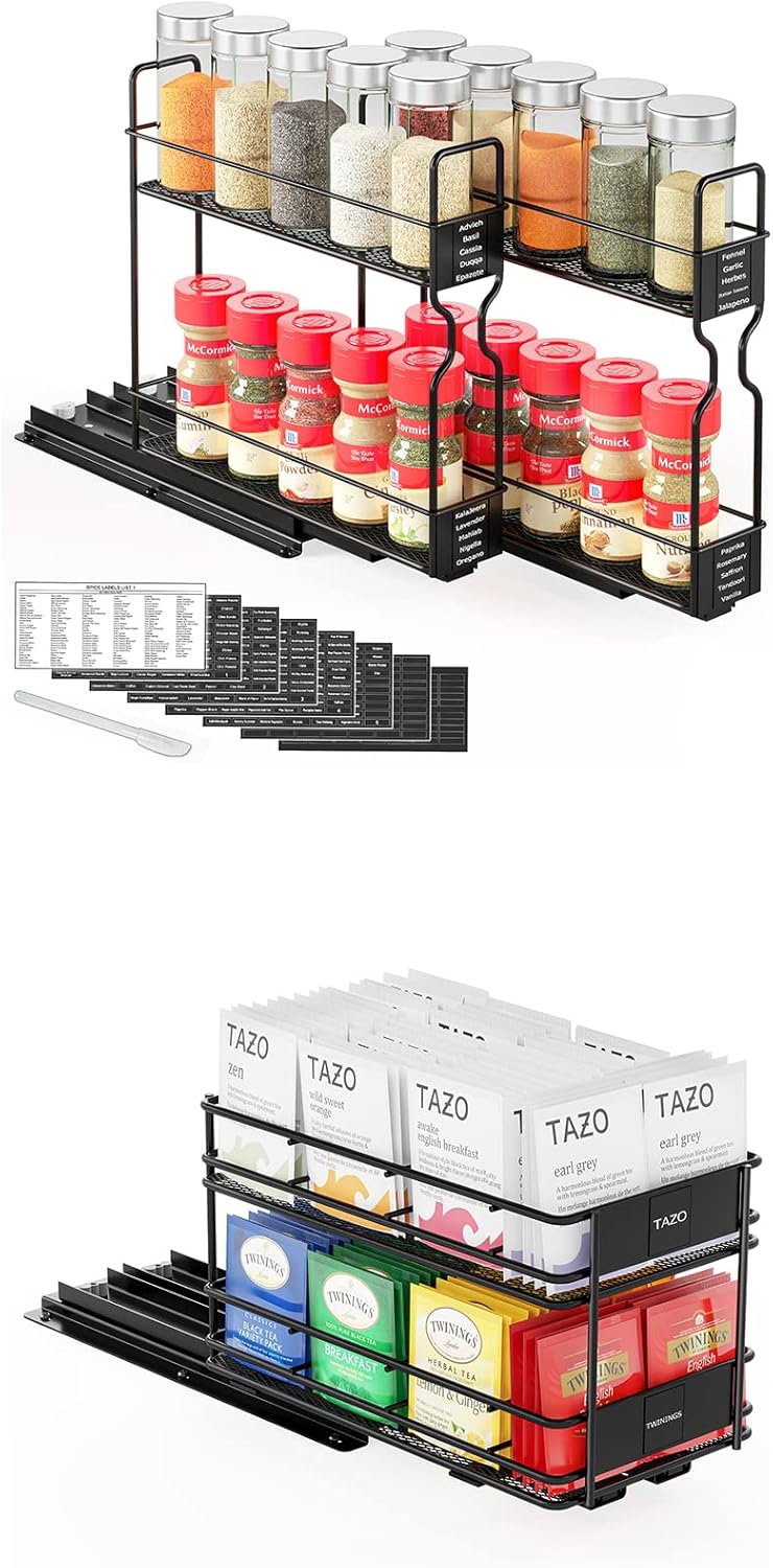 SpaceAid Pull Out Spice Rack Organizer for Cabinet, 2 Drawers 2-Tier, Pull Out Tea Bag Organizer Rack for Cabinet
