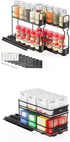 SpaceAid Organizador de especias extraíble para gabinete, 2 cajones de 2 niveles, organizador de bolsas de té extraíble para gabinete