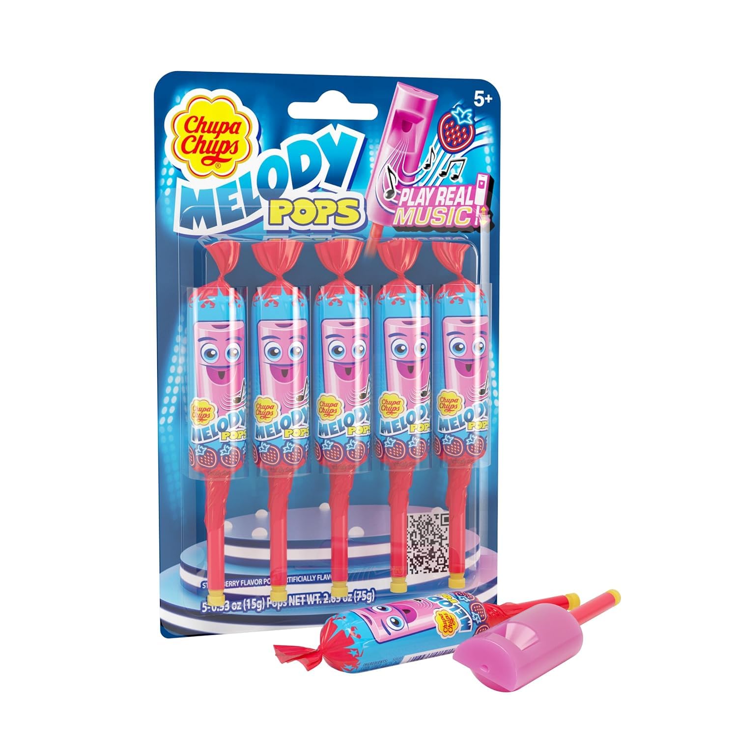 Chupa Chups Melody Pop Holiday Candy, Strawberry Flavor, Whistle Lollipops, Individually Wrapped Candy for Christmas Stocking Stuffers for Adults & Kids, 5 Count Pack