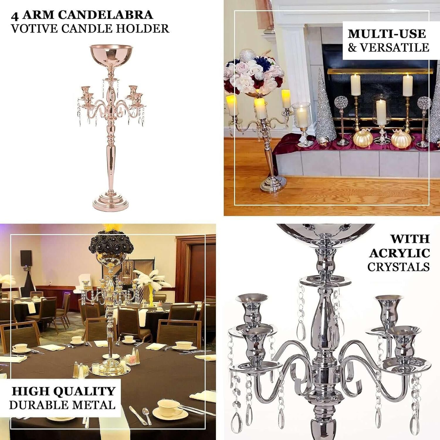 Efavormart 33" Silver Metal 4 Arm Candelabra Votive Candle Holder, Flower Vase Bowl
