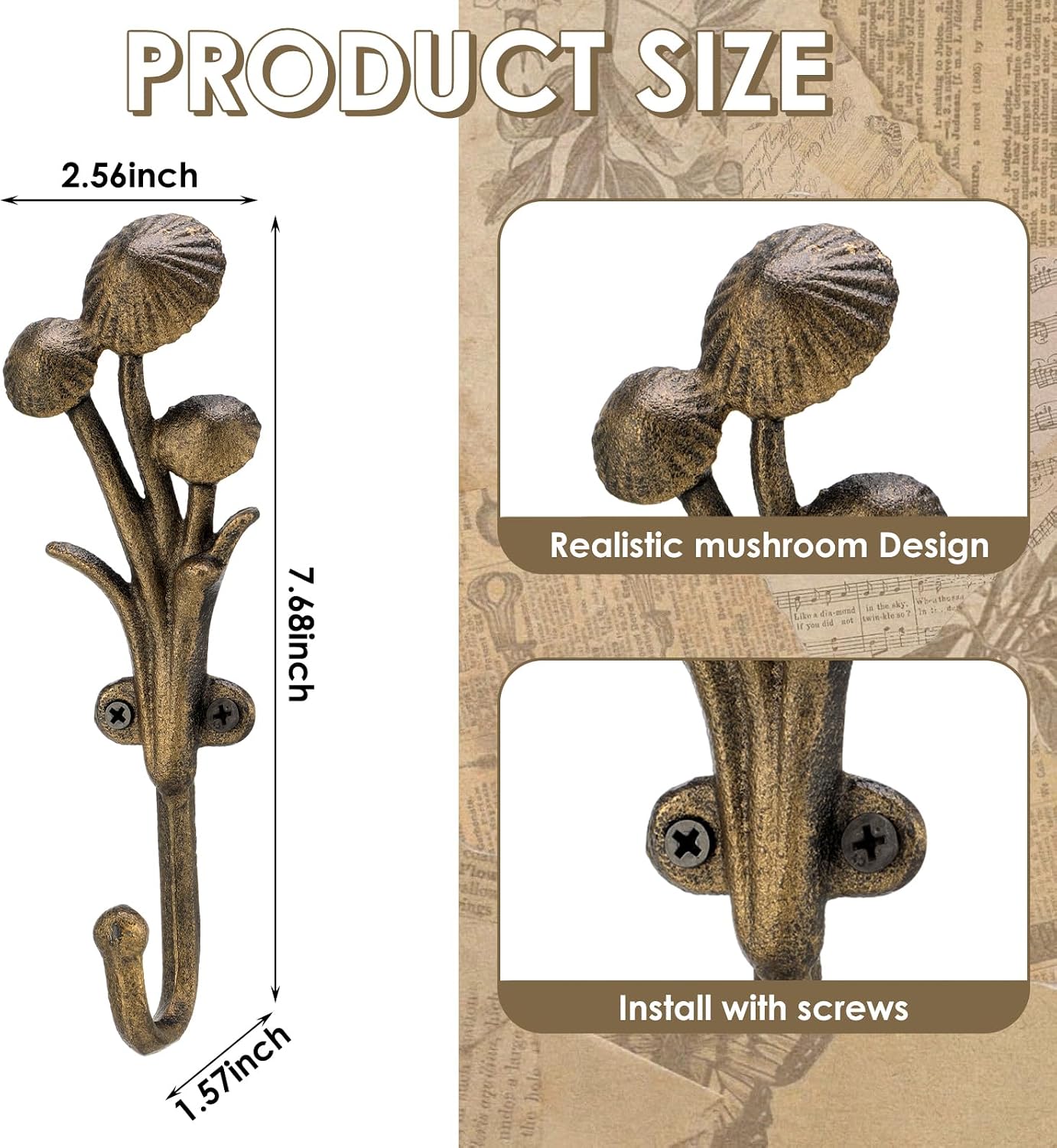 Frienda 3 Pack Mushroom Wall Hooks 3D Mushroom Cast Iron Hooks for Hanging Clothes Towels Keys, Cottagecore Farmhouse Vintage Wall Decor for Entryway Bathroom Bedroom Kitchen Hallway