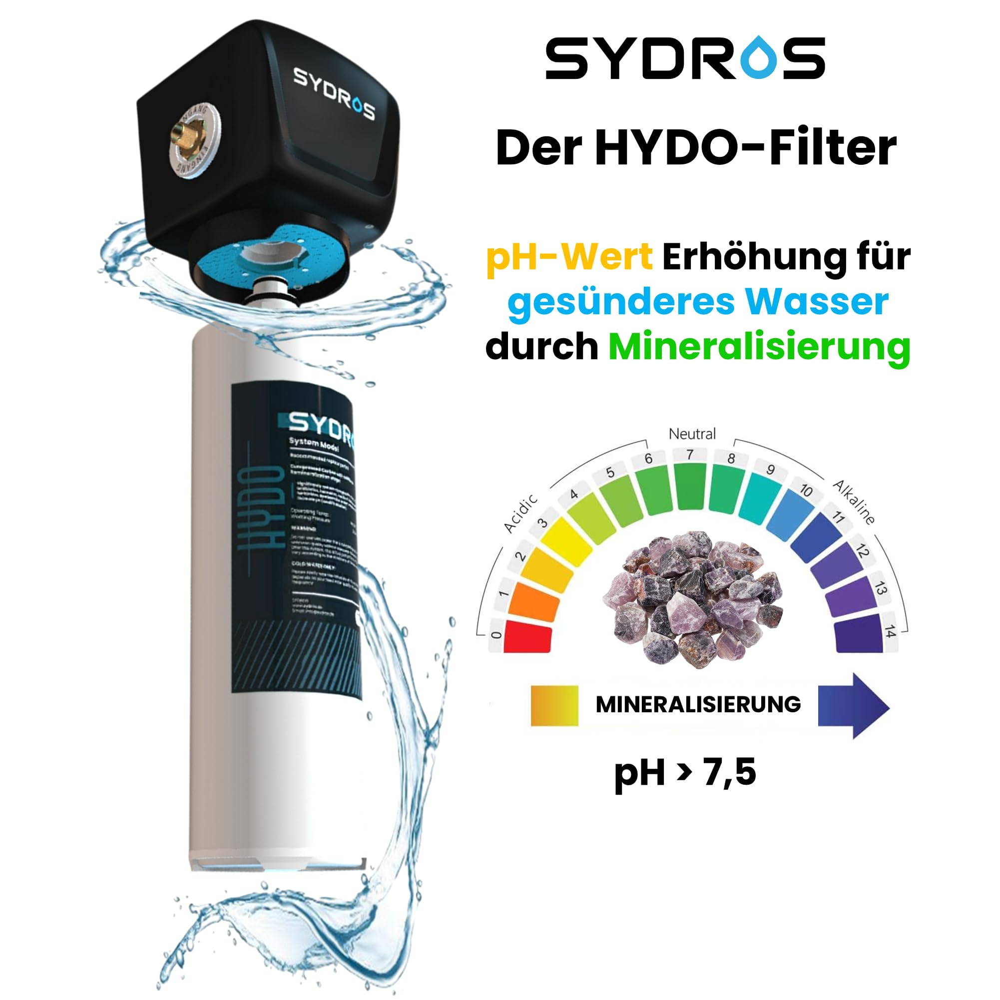 Sydros Hydo Wasserfilter – filtert über 500 Schadstoffe inkl Mikroplastik, Chlor & PFAS + Re Mineralisierung für reines & gesundes Trinkwasser, 3-Stufen Filter