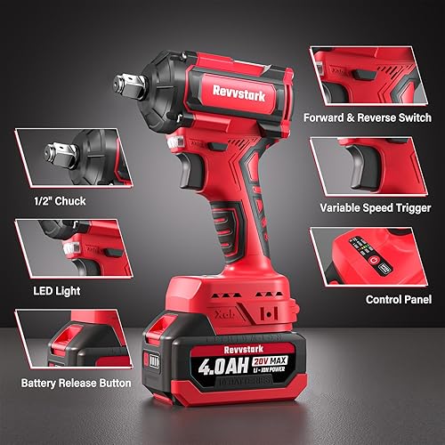 Miniatura 7 de Revvstark Llave de impacto, par máximo de 480 pies-libras650N.m inalámbrica 12 impacto, pistola de impacto de potencia de 20 V 3000 RPM con batería