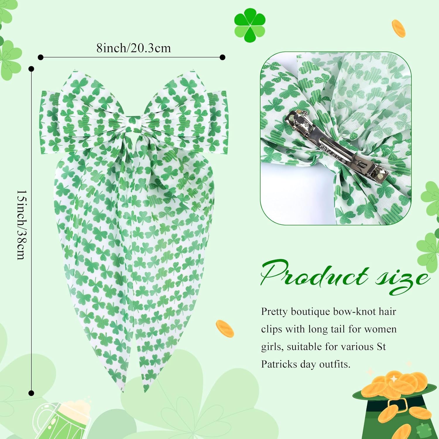 TOKUFAGU St Patricks Day Hair Bows for Women, 3PCS Large Shamrock Oversized Hair Bows Clips with Long Tail, Green Clover Vintage French Hair Accessories for Women Girls - Image 3