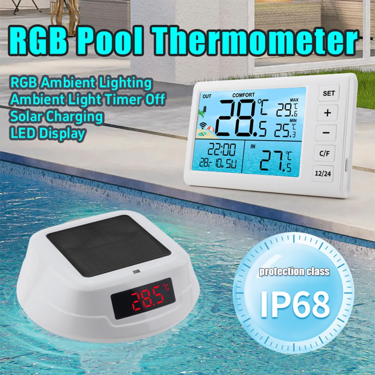 Termómetro flotante inalámbrico para piscina con indicador digital LED de temperatura del agua y clasificación de impermeabilidad IP68, ABS, color blanco