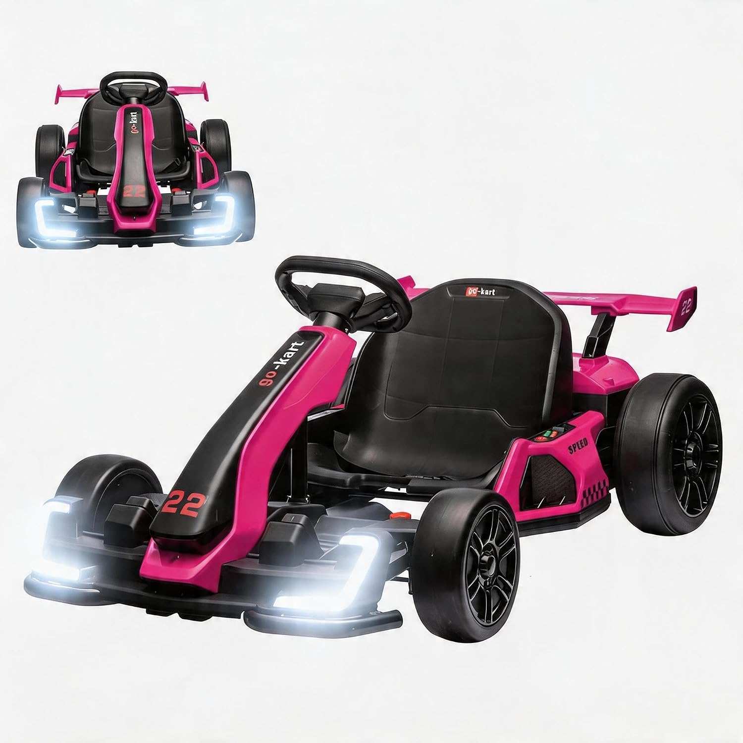 GarveeLife 24V Electric Go Kart for Kids，Powerful Drift Kart with 2 * 150W Motors, Adjustable Seat, 8 mph Speed, Led Lights ，Outdoor Riding Toy for Children Ages 6-15,Roes Red