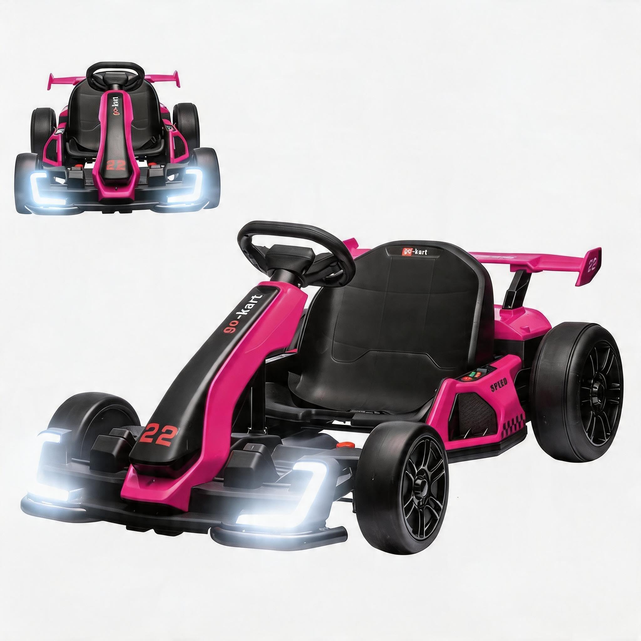 GarveeLife 24V Electric Go Kart for Kids，Powerful Drift Kart with 2 * 150W Motors, Adjustable Seat, 8 mph Speed, Led Lights ，Outdoor Riding Toy for Children Ages 6-15,Roes Red