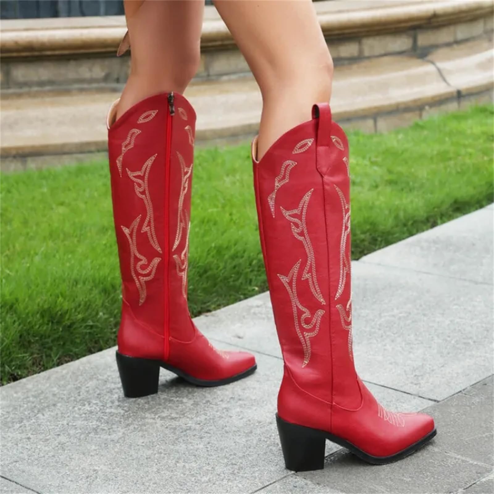 Lmtossey Stivali da cowgirl ricamati per le donne al ginocchio alti tacchi grossi stivali western donna cerniera autunno inverno scarpe