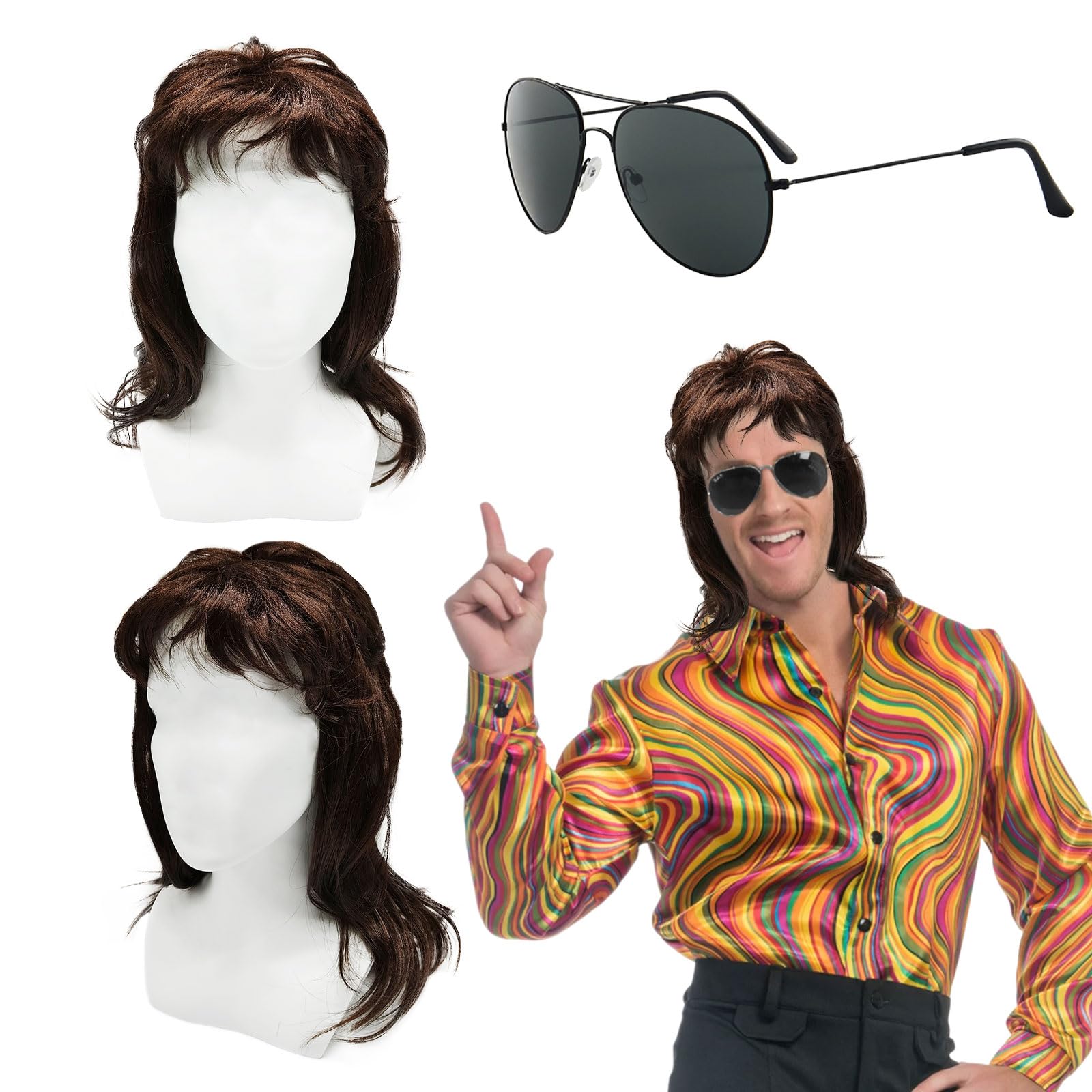 TUONYIS Mens Mullet Wigs Light Brown Curly, Mens wig, 70s 80s Rocker Metal Mullet Wigs, 70s 80s Cosplay Costume Halloween Wig