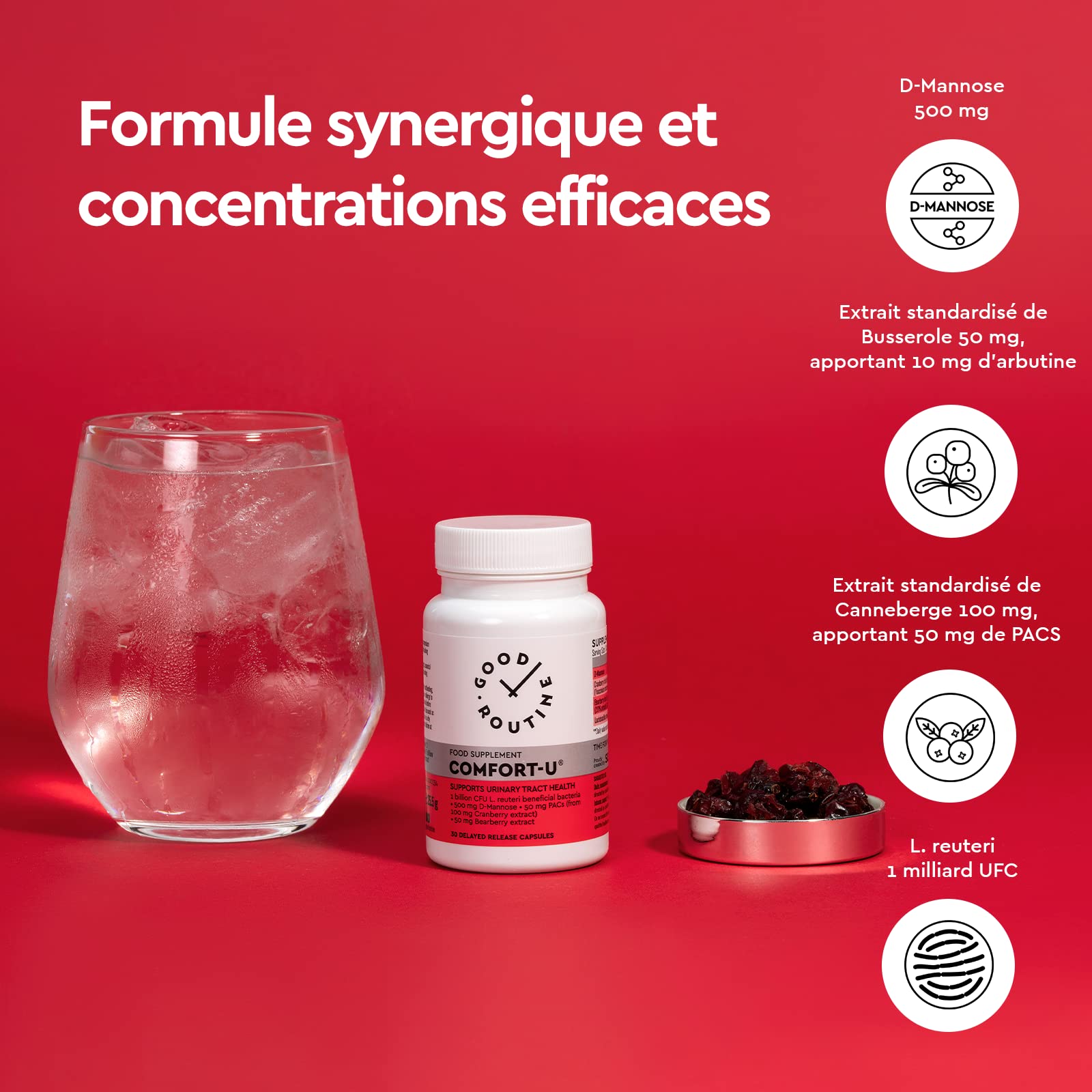 COMFORT-U® (30 Capsules) - D-mannose, Extrait de Canneberge, Busserole, Santé Urinaire, Traitement des infections Urinaires, Lactobacillus reuteri