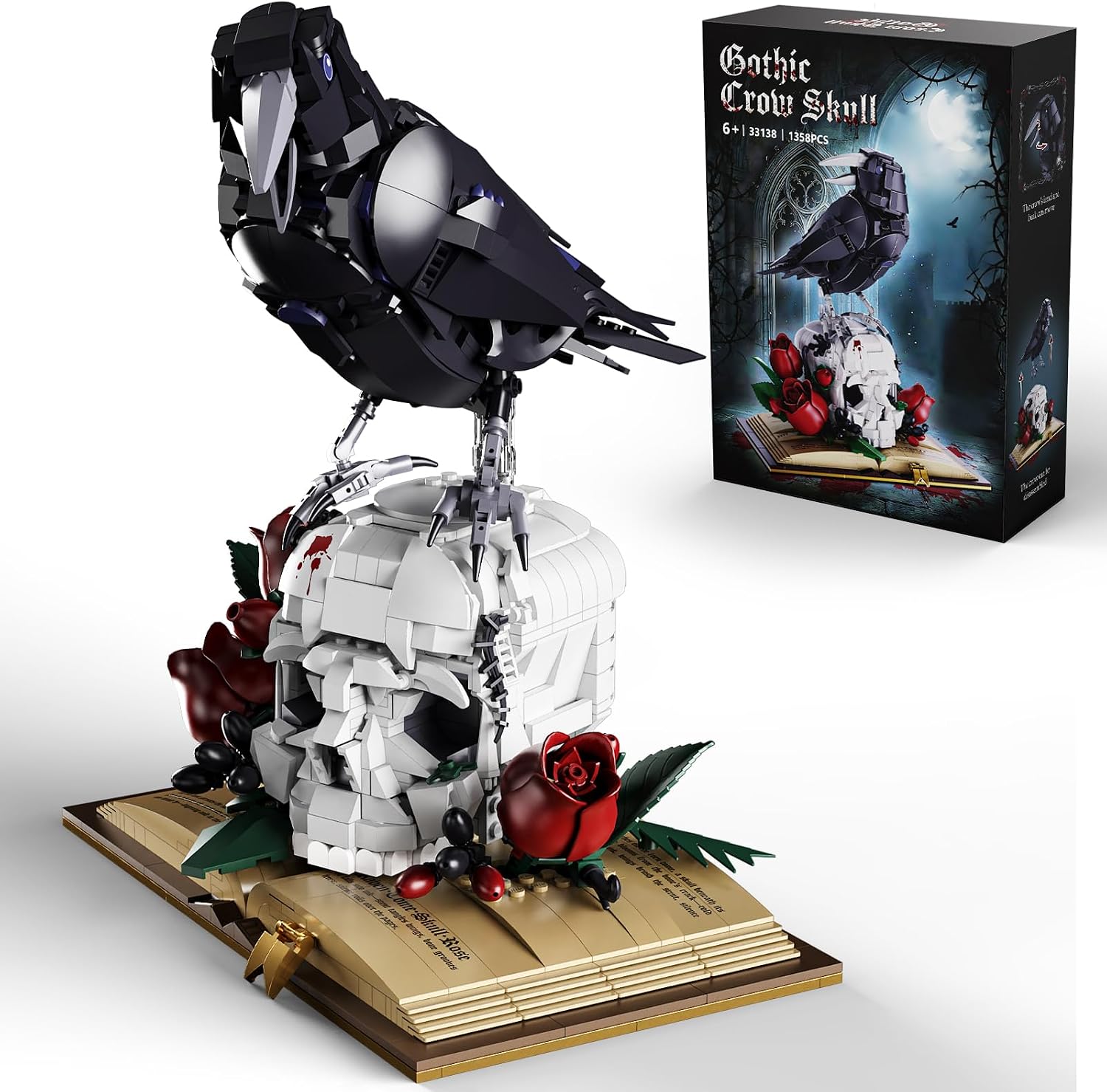 Gothic Raven & Skull Building Set for Adults, 1358PCS Animals Goth Horror Collection Kits Features Crow, Skull, Roses and Book, Compatible with Lego Raven, Birthday Gifts for Girlfriend/Wife/Mom