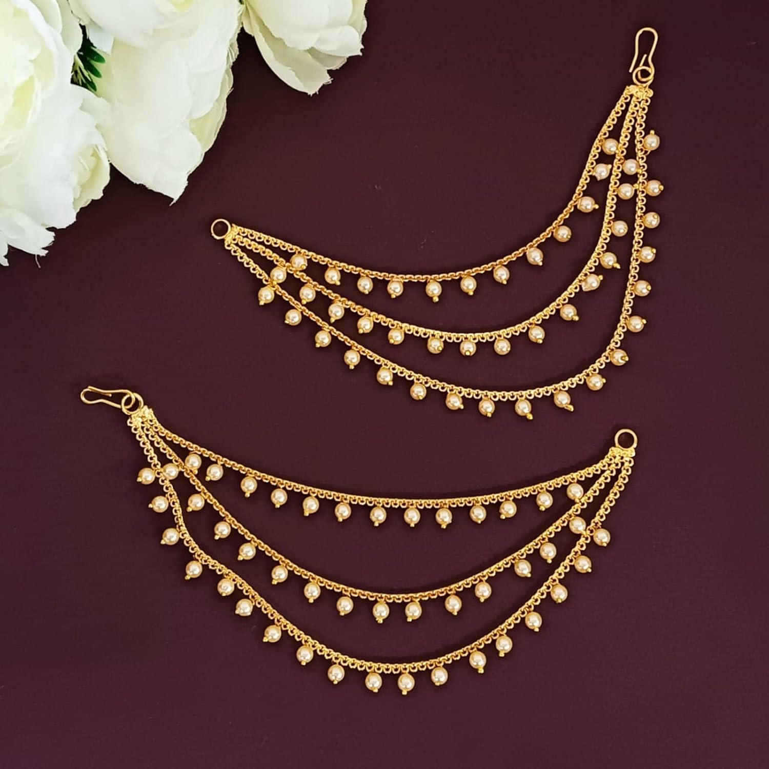 Efulgenz Ear Chains Indian Jewellery Traditional Indian Earrings with Hair Chain Earring Chain Jewelry for Wedding Layered Faux Pearl Charms Ear Chain Earrings for Women