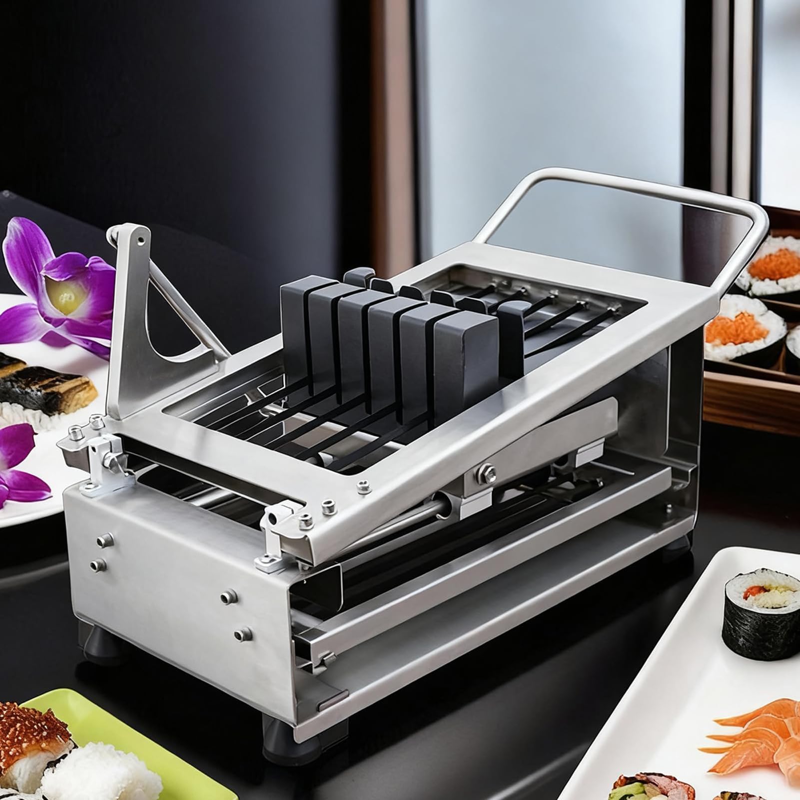 Manueller Sushi-Rollschneider, Edelstahlschneider für 190-mm-Rollen, schneidet bis zu 10 Rollen auf einmal, perfekt für Restaurants und Heimküchen