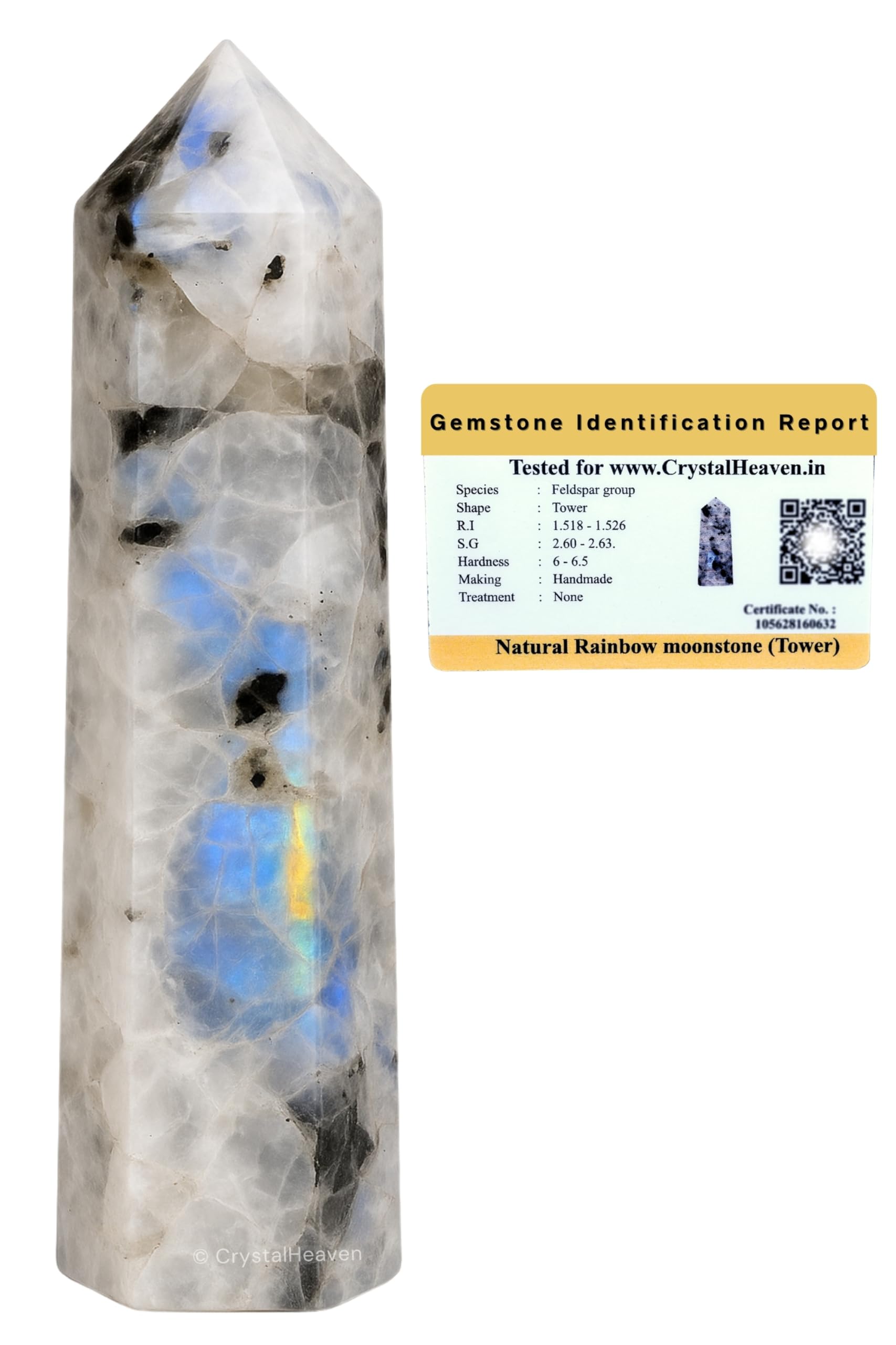 Crystal Heaven Certified Rainbow Moonstone Crystal Tower Obelisk Point for Chakra, Healing and Balancing - AAA Grade Original Certified Gemstone Agate for Reiki Meditation Yoga Spiritual (3-4 Inches)