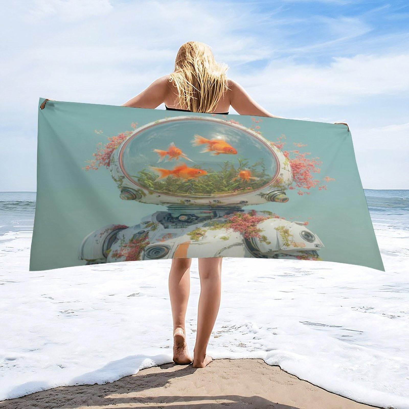 Luyysky Modern Aesthetic Funny Astronaut Absorbent Beach Towel, Rustic Minimalist Robot Animal Goldfish Plant Floral Outdoor Single-Sided Velvet Beach Towel-80 W Cm X 160" L Cm