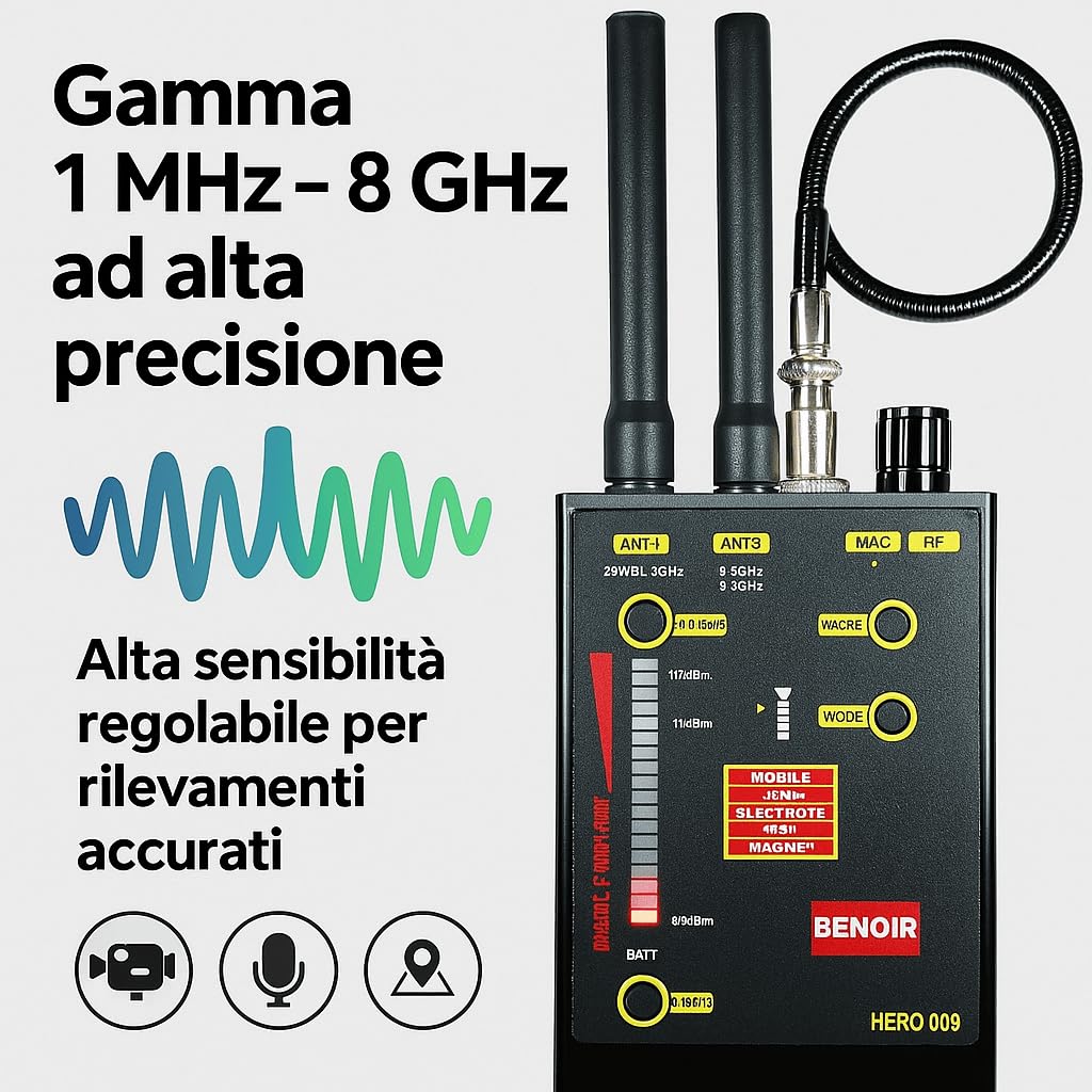 Rilevatore Professionale di Microspie, Telecamere Nascoste e GPS - Dispositivo Portatile Avanzato con Alta Sensibilità per Rilevare Segnali Wireless OCCULTATE in auto e a NOLEGGIO (BENOIR HERO 09)