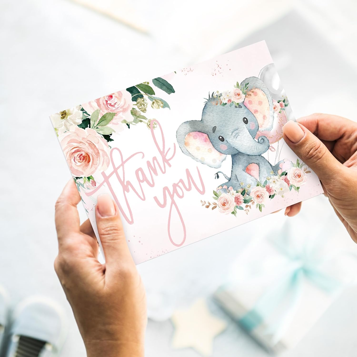 Whaline 24 Pack Baby Shower Thank You Cards Elephant Flower Greeting Cards with Envelopes Stickers Pink Floral Animal Blank Note Cards for Birthday Party Invitation Supplies, 4 x 6 Inch - Image 7