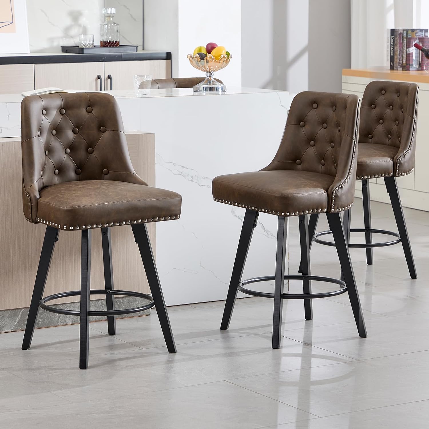 Modern Swivel Bar Stools, Pu Leather 26”H Upholstered Counter Height Bar Stool with Back, Mid Century Modern Bar Chair with Solid Wood Legs for Bar, Kitchen, Dining Room, Set of 4, Brown