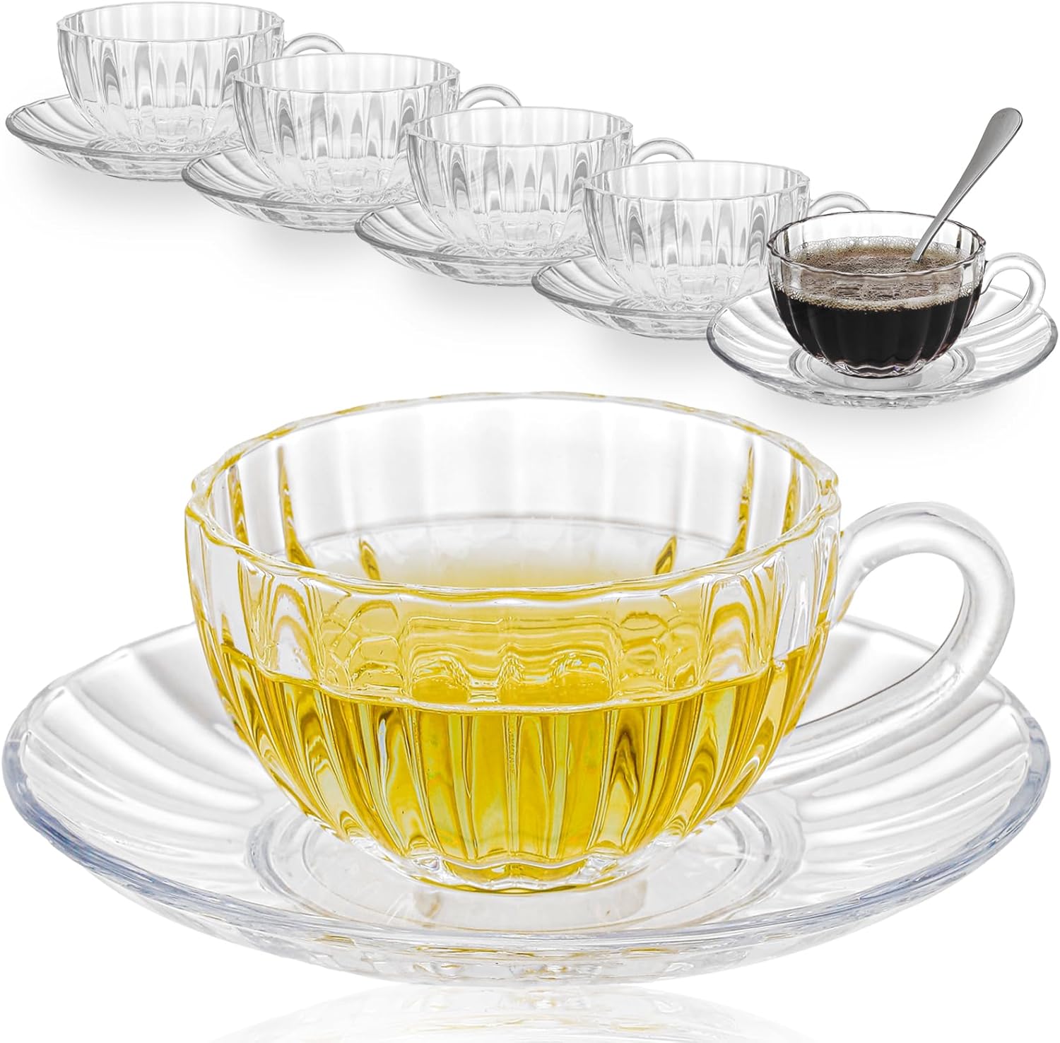 Glass Tea Cups and Saucers Set of 6, Clear Coffee Mugs with Stainless Steel Spoon, Dishwasher & Microwave Safe Teacups for Espresso Cappuccino Latte Tea Juice, 6OZ/180ML
