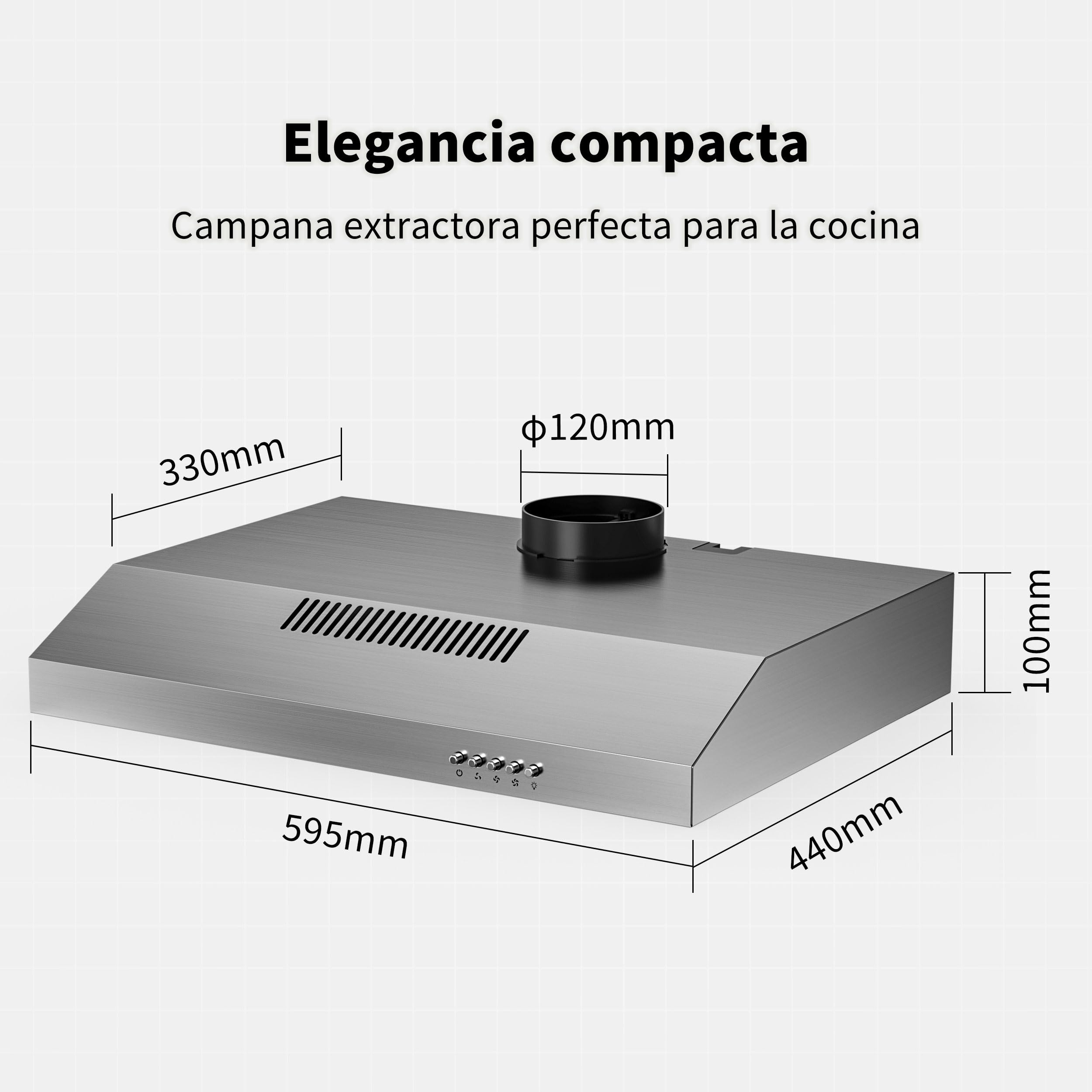 FIREGAS Campana Extractora 60 cm de Acero Inoxidable, 250 m³/h, Clase Energética A+, Motor Sin Escobillas, 3 Velocidades, Instalación Bajo Mueble o Pared