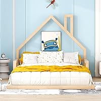 Vista 164 de Modern Full Size Platform Bed Storage Headboard and Safety Guardrail for Kids, Function Wood Platform Bed Frame with Built-in LED Light for Boy