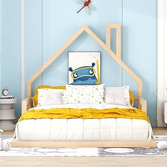 MERITLINE Full Size Floor Bed, Full Montessori Floor Bed Wood Frame with House-Shaped Headboard, No Box Spring Needed, for Kids Teens Adults -Natural