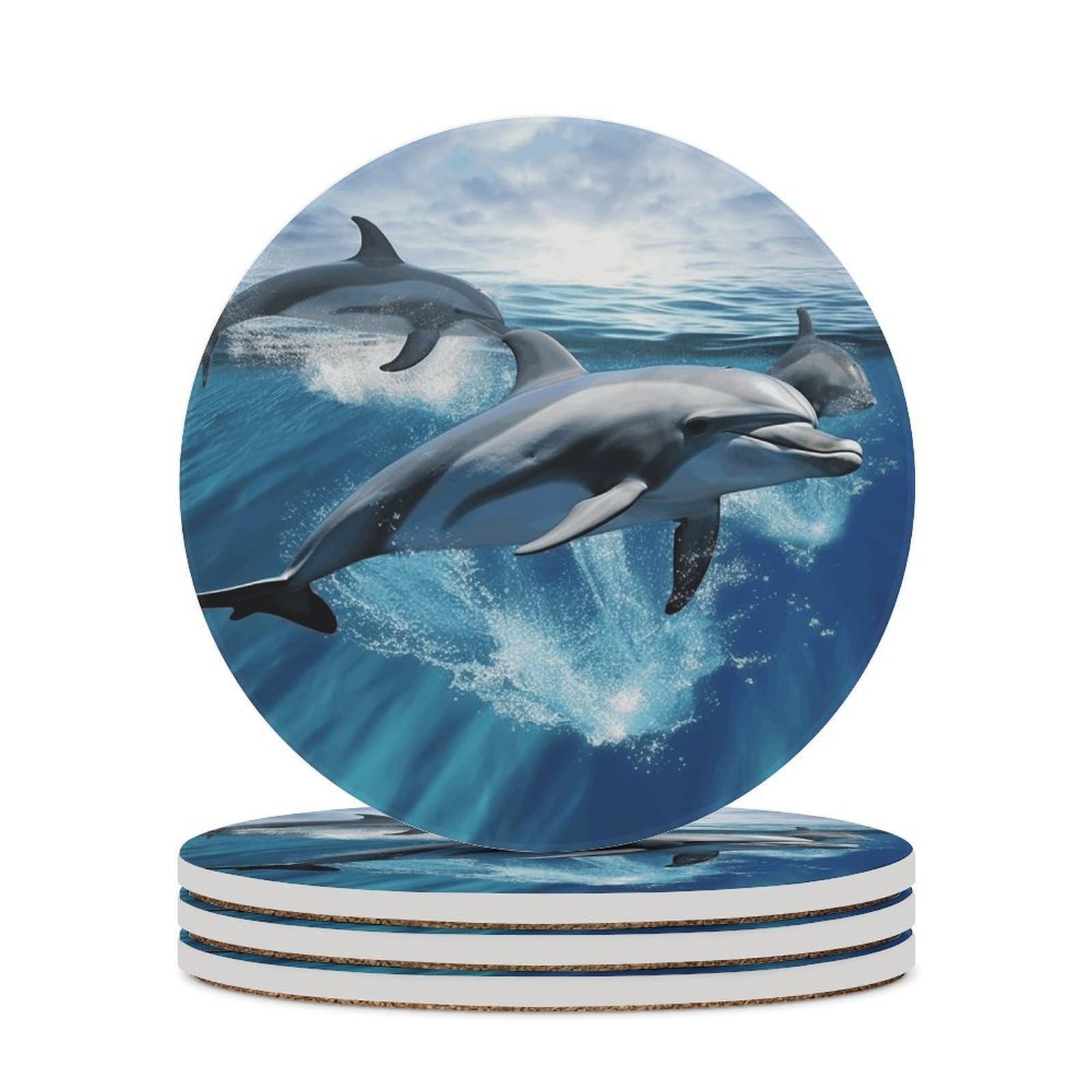 Dolphins Coaster with Cork Base Drink Coasters for Coffee Table Decor Modern Cup Coasters with Non-Slip & Heat-Resistant Cute Ceramic Table Coaster for Home Dining