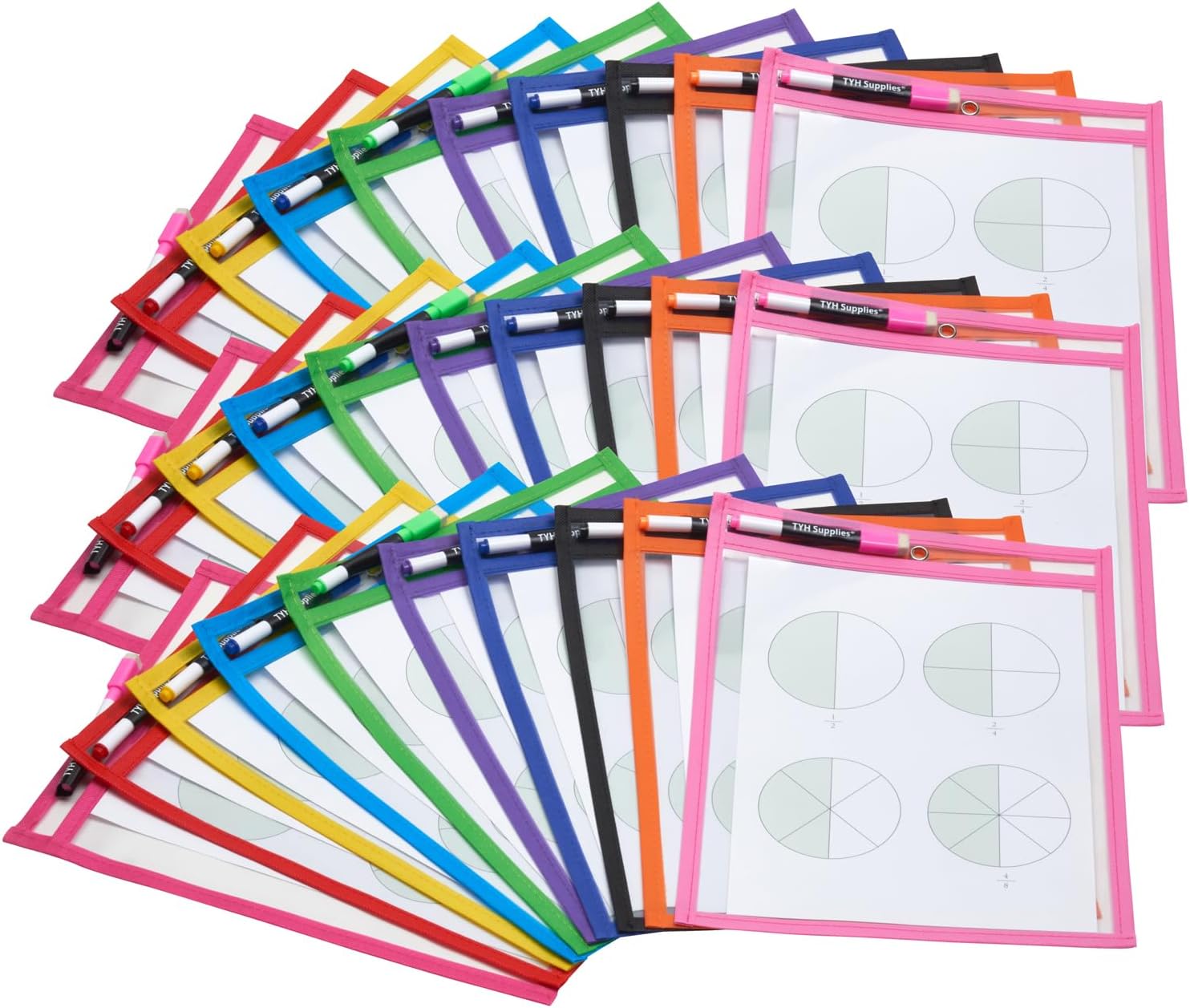 TYH Supplies 30 Pack Heavy Duty Dry Erase Pocket Sleeves | 10 x 14 Inch Sheets | 30 Assorted Colors | Ultra Clear Plastic Erasable Pockets (with Markers)