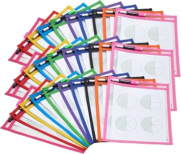 TYH Supplies 30 Pack Heavy Duty Dry Erase Pocket Sleeves | 10 x 14 Inch Sheets | 30 Assorted Colors | Ultra Clear Plastic Erasable Pockets with Markers