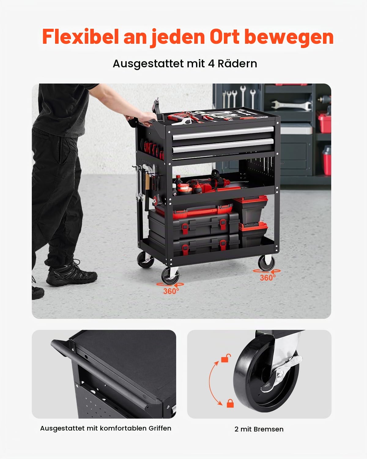 VEVOR Werkzeugwagen 785x450x945 mm, 181 kg Tragkraft, Werkstattwagen mit 2 Schubladen, Aufbewahrungs-Organizer für Mechanikerwerkzeuge, für Garage, Lager & Reparaturwerkstatt, Schwarz | Rollmechaniker-Werkzeugwagen mit 2 Schubladen, Stecktafel und Verrieg