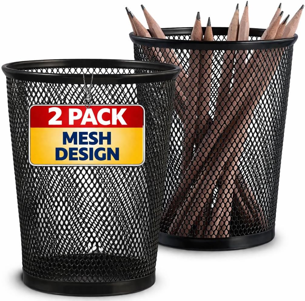 1InTheOffice Pencil Cup Holder, Pencil Cups for Desk, Desk Pencil Holder, Stackable, Wire Mesh, Matte Black, 2 Pack