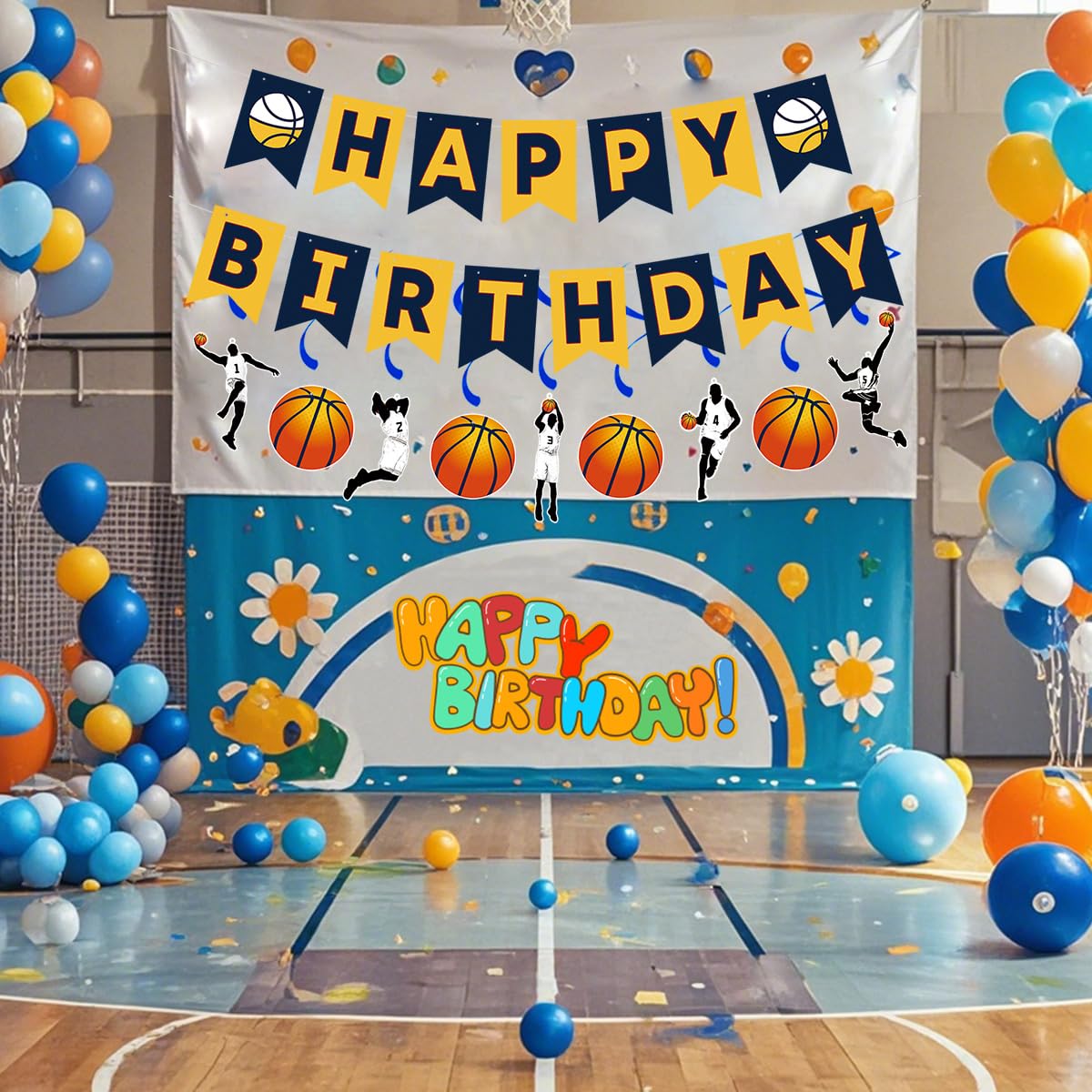 Juego de decoraciones de fiesta de cumpleaños de baloncesto para niños, pancarta de feliz cumpleaños, remolinos colgantes para niños y hombres, juego de baloncesto, tema deportivo, baby shower, fiesta