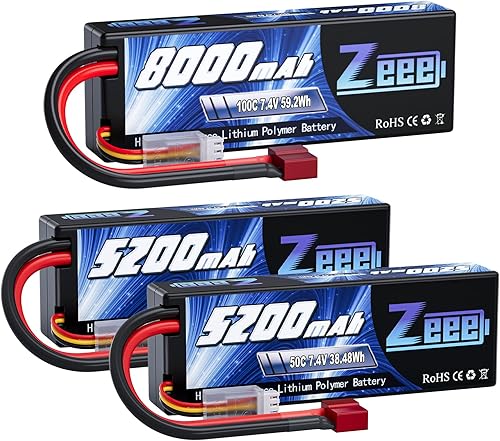 Zeee 2S Lipo Battery 8000mAh 7.4V 100C Estuche rígido Batería Deans Conector 1 paquete con batería Lipo 7.4V 2S 50C 5200mAh Estuche rígido Deans