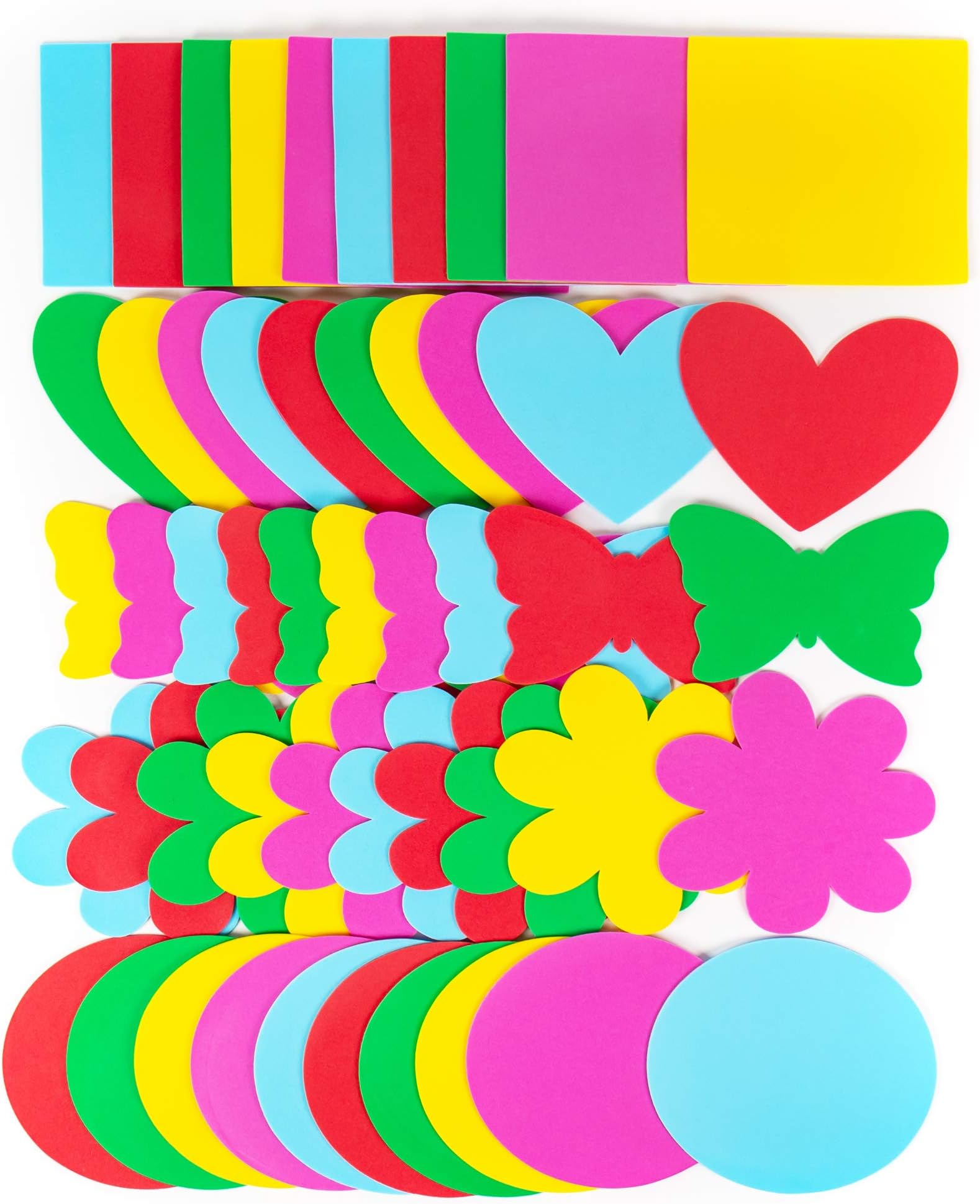 Horizon Group USA Assorted Jumbo Foam Shapes, 50 Count, 5 Designs, 5 Colors, Circles, Butterflies, Hearts, Flowers, Squares