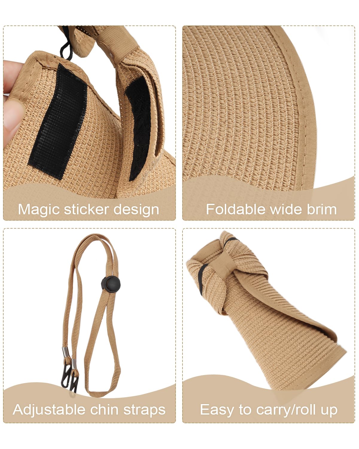 Feng Shui， Sombreros de Sol con Visera de Paja para Cabezas pequeñas,Sombrero de Playa en Topless de ala Ancha pequeña,Sombrero Plegable de Vacaciones UV de Verano