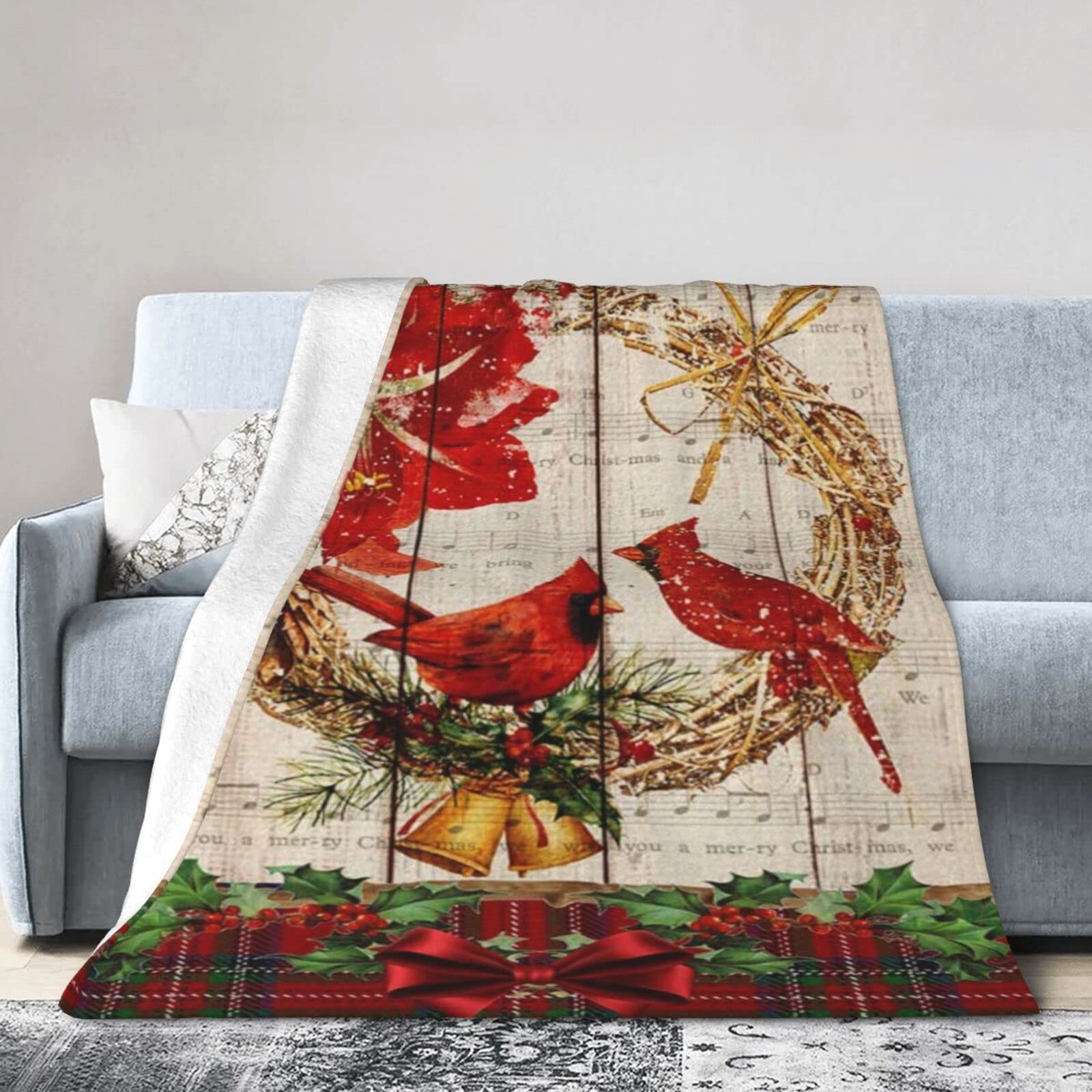 Lsjuee Christmas Flannel Fleece Blanket 50"X40" Cardinal Merry Christmas. Bed Throw Blanket Weighted Ultra-Soft Travel Winter Blankets for Adult Keep Warm