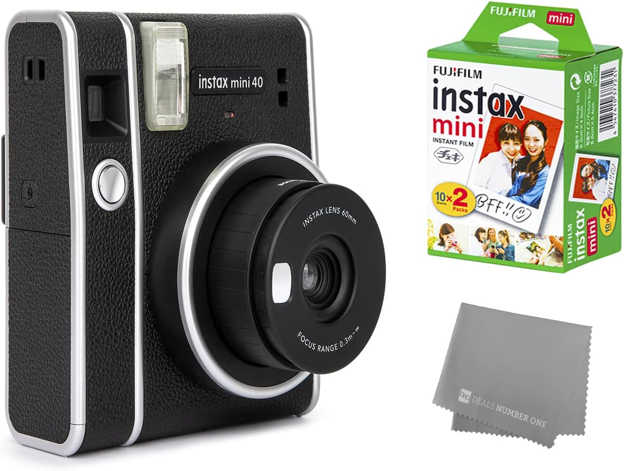 Fujifilm Instax Mini 40 Instant Camera with Fujifilm Instant Mini Film (20 Sheets) Bundle with Deals Number One Microfiber Cleaning Cloth (Black) : Electronics