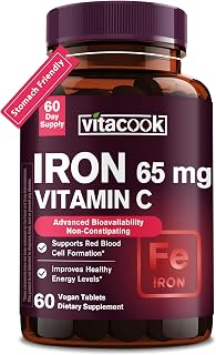 Iron Supplement for Women Men, High Potency Iron 65mg with Vitamin C 250mg, Stomach Friendly Iron Pills, Non-GMO & Gluten Free, 60 Vegan Tablets