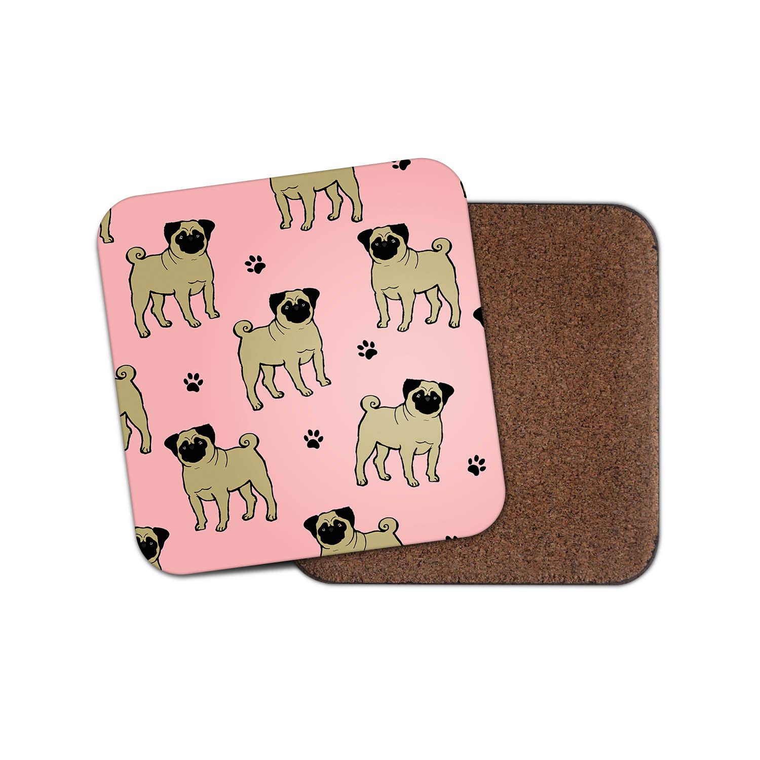 1 x Cute Tan Pug Drinks Coaster - Pink Paw Prints Dog Puppy Puppies Fun #8612