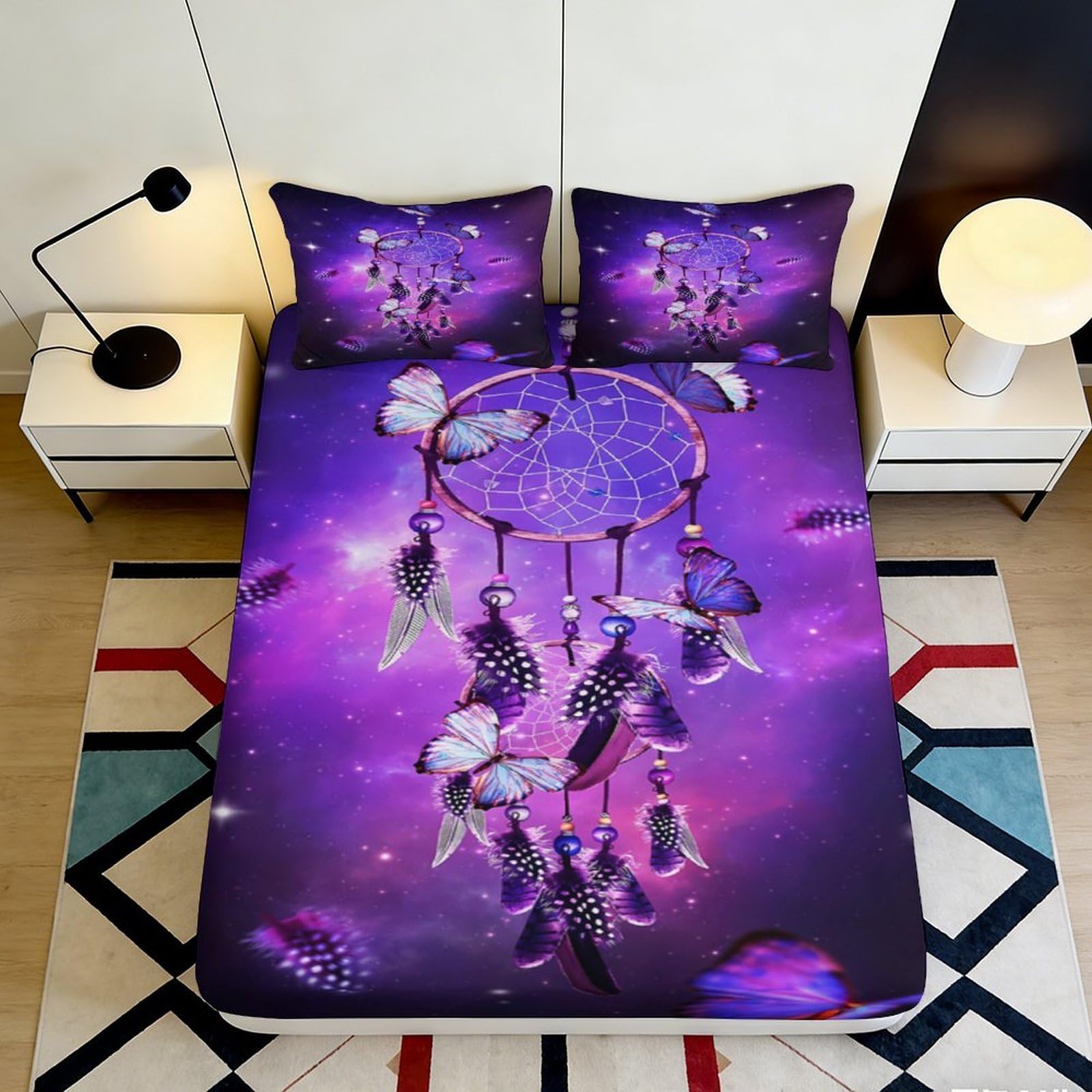 3D Printed Purple Dreamcatcher Fitted Sheet Microfiber Soft Breathable Galaxy Starry Sky Bed Cover for Bedroom Dormitory Guest Room Mattress Protection 160x200x25cm