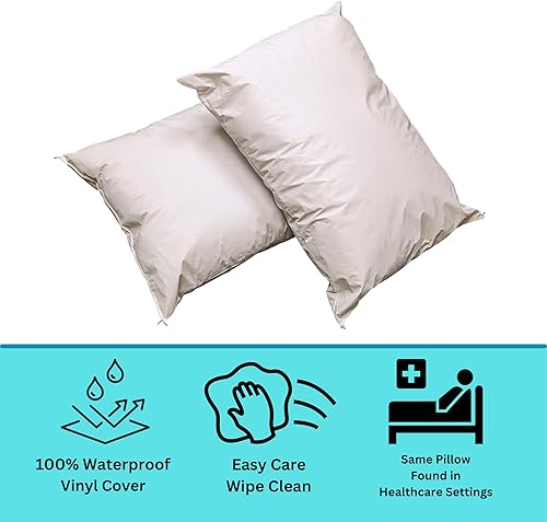 Miniatura 3 de MediCheck - Paquete de 2 almohadas de cama cubiertas de vinilo blanco  Limpiables fáciles de limpiar  Soporte suave de perfil bajo no esponjoso  No