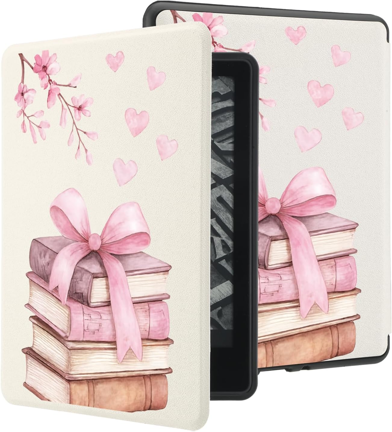 Pink Bow Book Pattern Case for Kindle Paperwhite 12th Generation 7" 2024 Release with Hand Strap Premium PU Textured Leather Protective Cute Folio Cover for KPW6