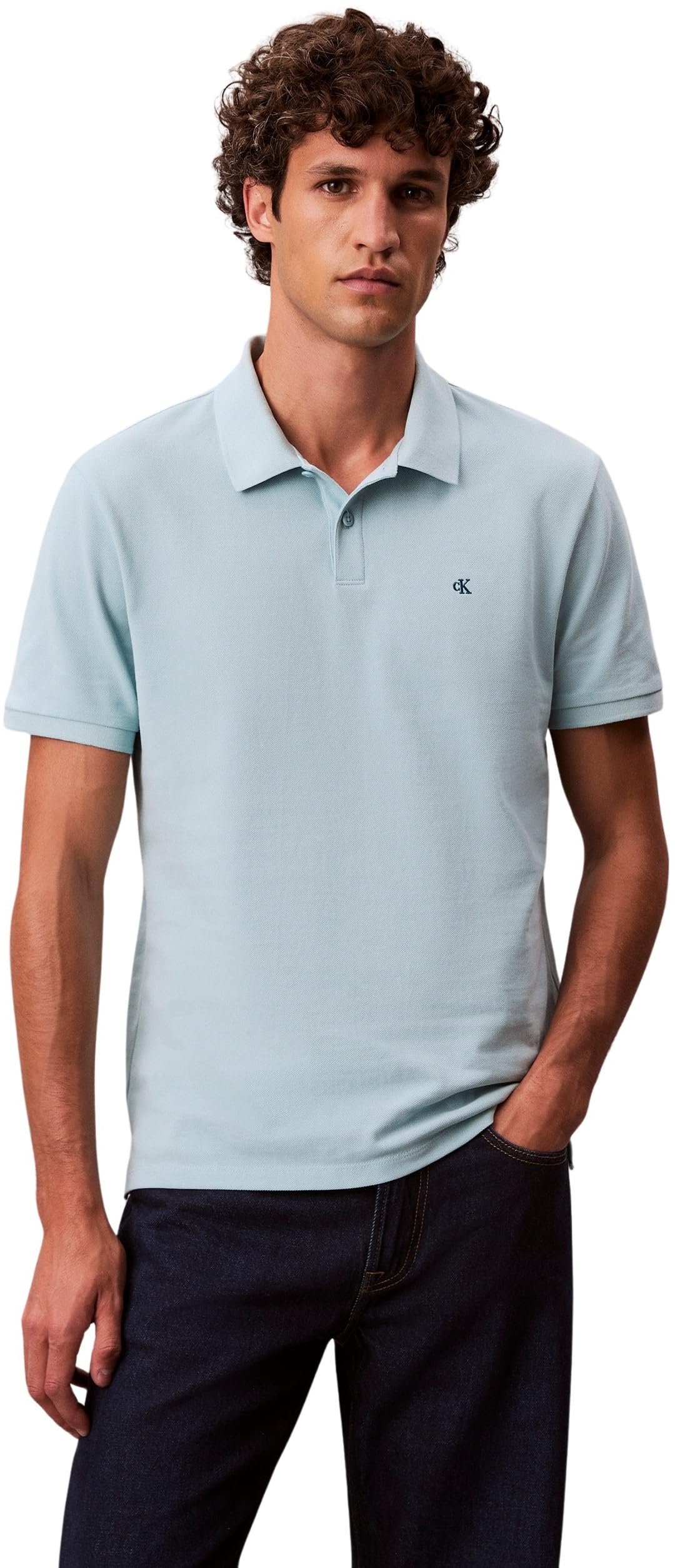 Calvin Klein Men’s Short Sleeve Monogram Pique Cotton Polo Shirt, Blue (Stratosphere), XXL
