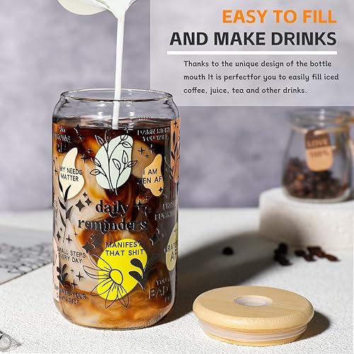 Miniatura 10 de DWTS DANWEITESI Vasos de vidrio con tapas y pajitas, 4 piezas, juego de vasos de 16 onzas para accesorios de barra de café, tazas de café helado